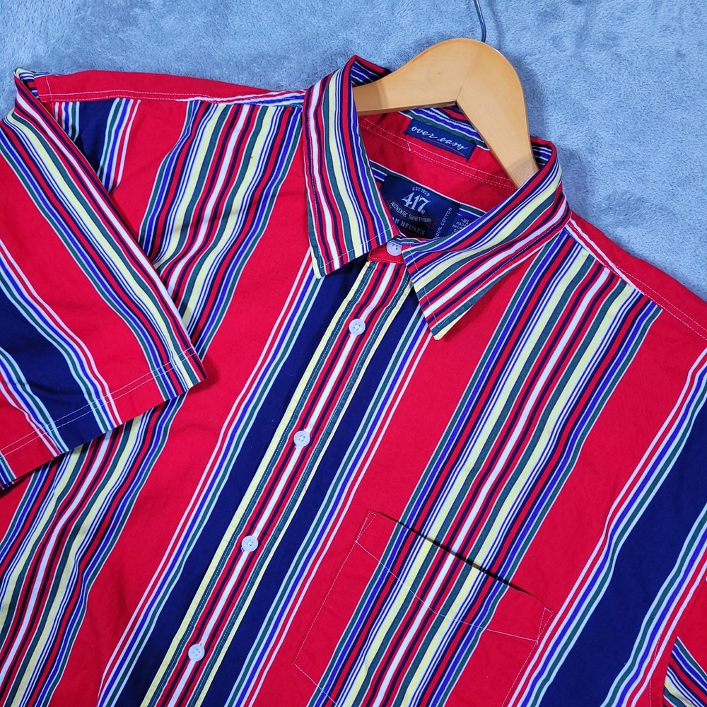 Vintage Van Heusen 417 Over Easy Mens XL Shirt Red Stripe Short Sleeve Cotton